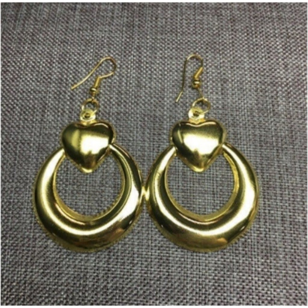 Hoop Dangle Pierced Earrings Gold Heart Retro Boho 80s 90s Y2k Valentine Love